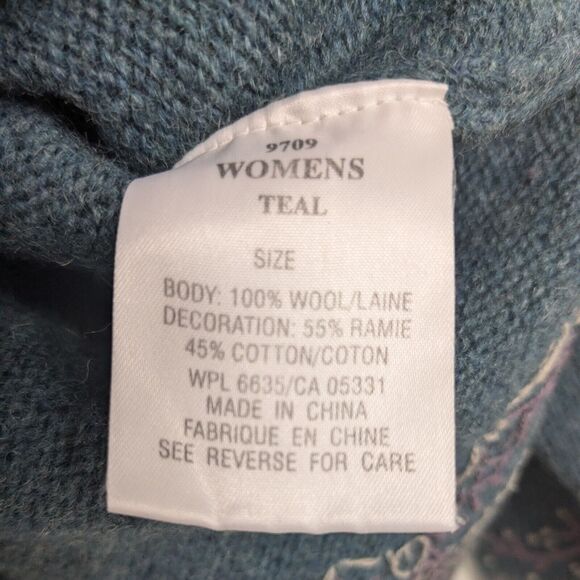 Woolrich Sweater Wool Pullover Vneck Teal Blue Gray Floral Embroidered Outdoor L - Picture 8 of 11